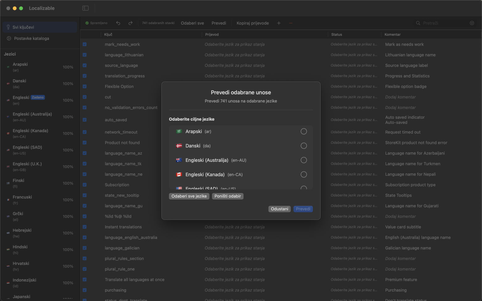 macOS sučelje aplikacije s podrškom za AI za prevođenje Xcode kataloga nizova na više jezika