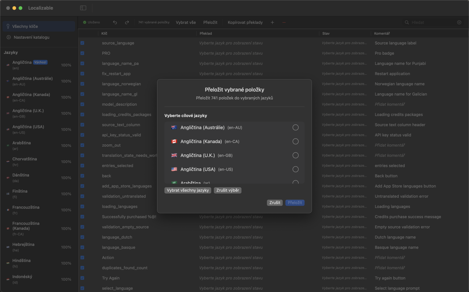Rozhraní aplikace macOS poháněné AI pro překlad katalogů řetězců Xcode do více jazyků