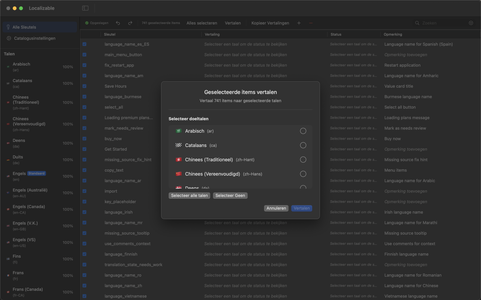 AI-aangedreven macOS-appinterface voor het vertalen van Xcode-stringcatalogi naar meerdere talen