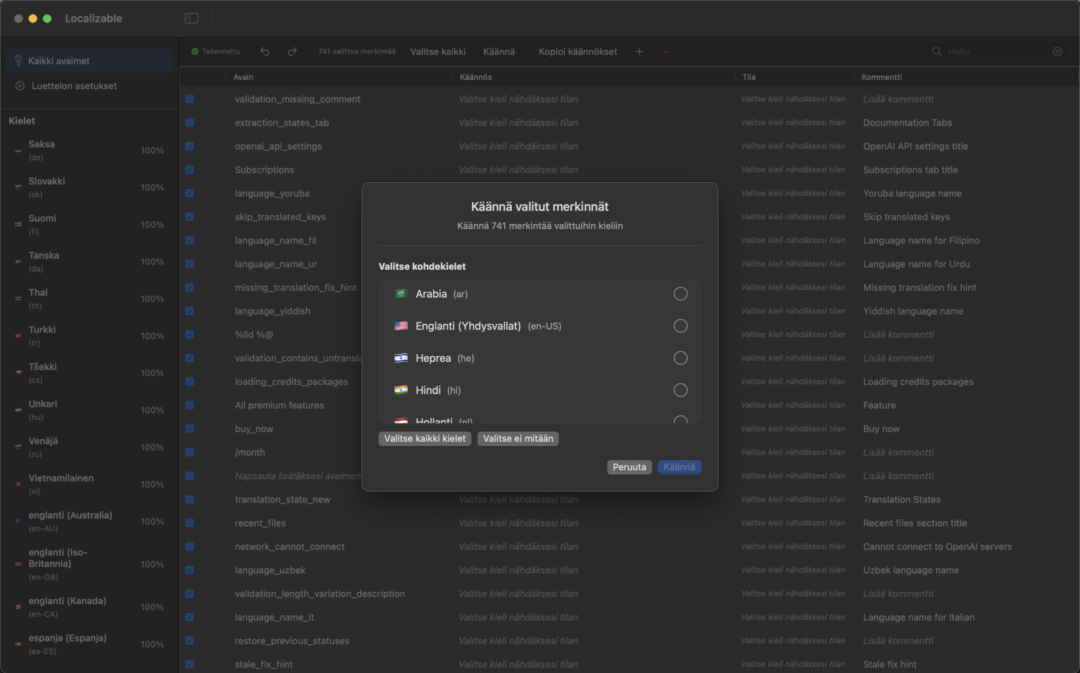 Tekoälyllä toimiva macOS-sovelluksen käyttöliittymä Xcode-merkkijonoluetteloiden kääntämiseen useille kielille