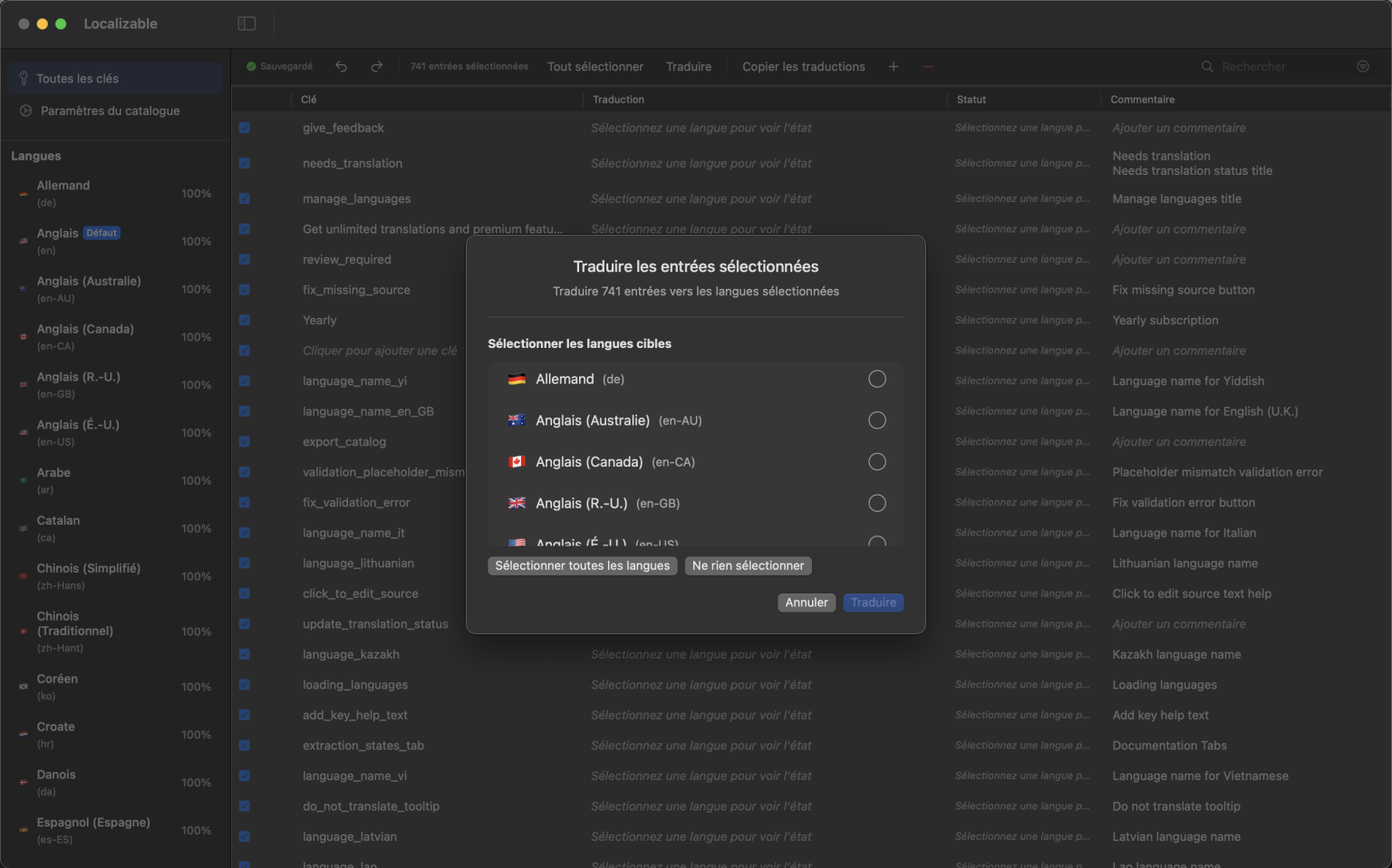 Interface d’app macOS alimentée par IA pour traduire les catalogues de chaînes Xcode dans plusieurs langues