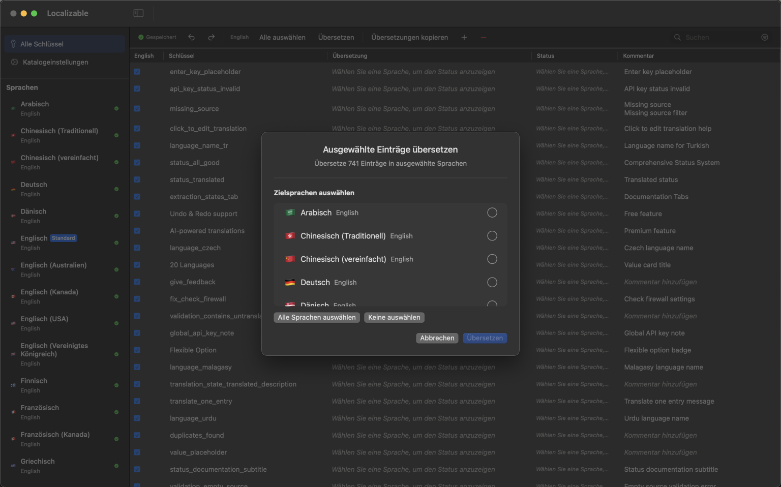 KI-gestützte macOS-App-Oberfläche zum Übersetzen von Xcode-Stringkatalogen in mehrere Sprachen
