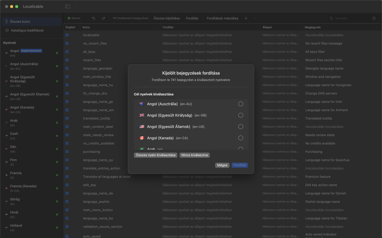 AI által támogatott macOS alkalmazásfelület Xcode karakterlánc-katalógusok több nyelvre történő fordításához