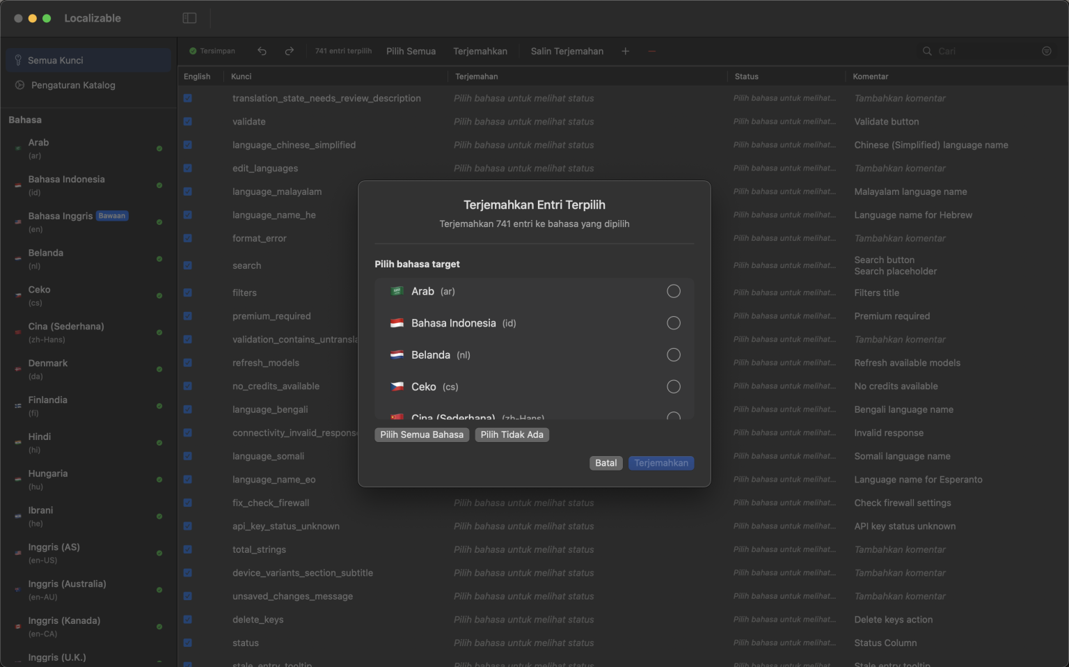 Antarmuka aplikasi macOS bertenaga AI untuk menerjemahkan Katalog String Xcode ke berbagai bahasa