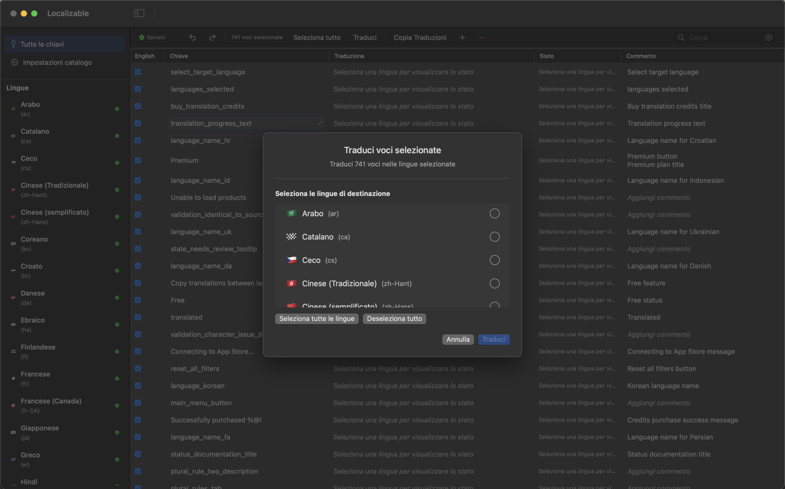 Interfaccia di un'app macOS basata su IA per tradurre i cataloghi di stringhe di Xcode in più lingue