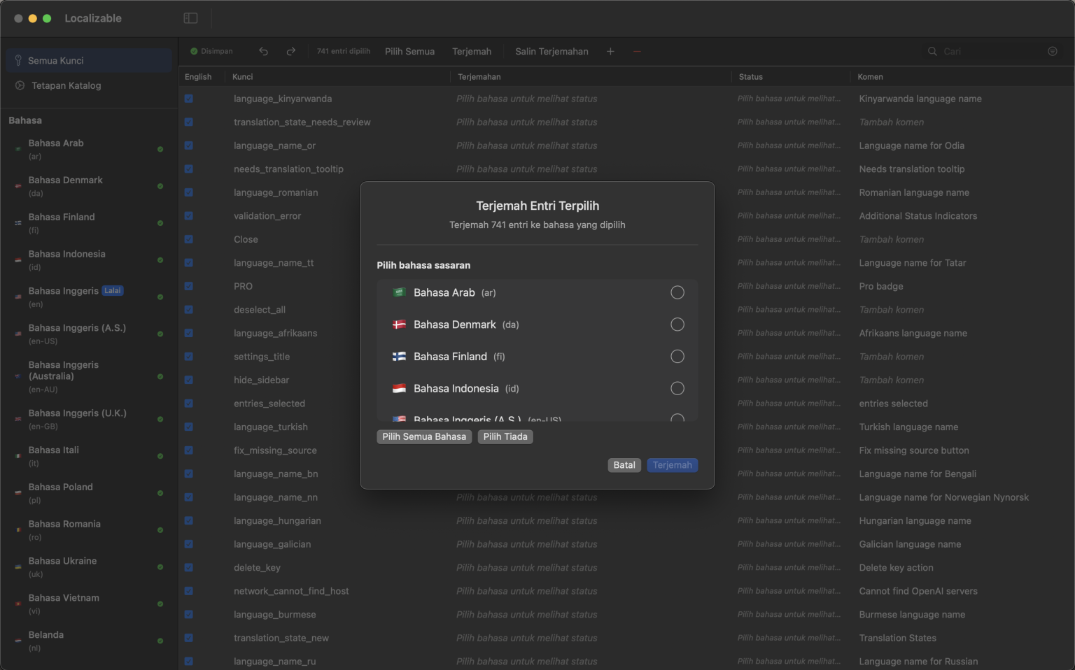 Antaramuka aplikasi macOS berkuasa AI untuk menterjemah Katalog Rentetan Xcode ke pelbagai bahasa