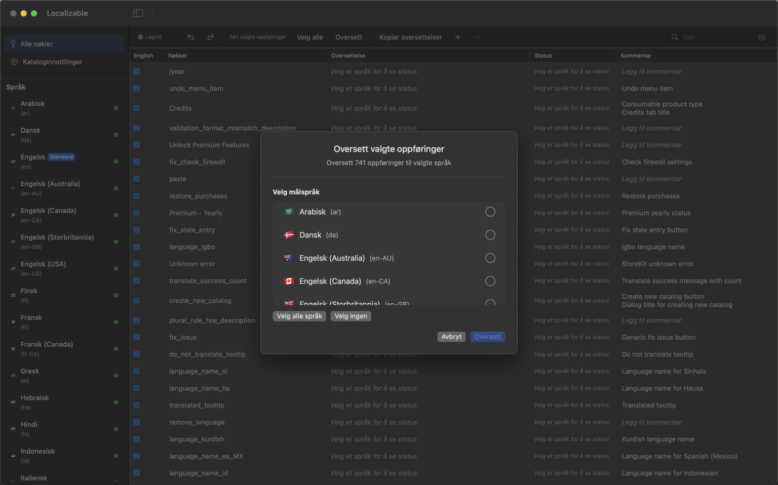 macOS-appgrensesnitt med AI for å oversette Xcode-strengkataloger til flere språk