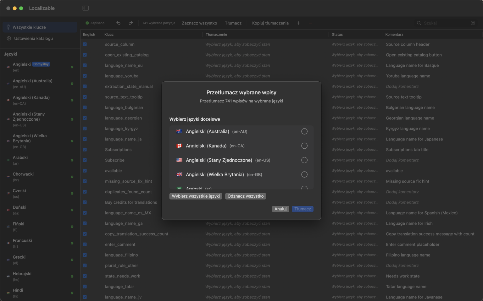 Interfejs aplikacji macOS wspierany przez AI do tłumaczenia katalogów ciągów Xcode na wiele języków