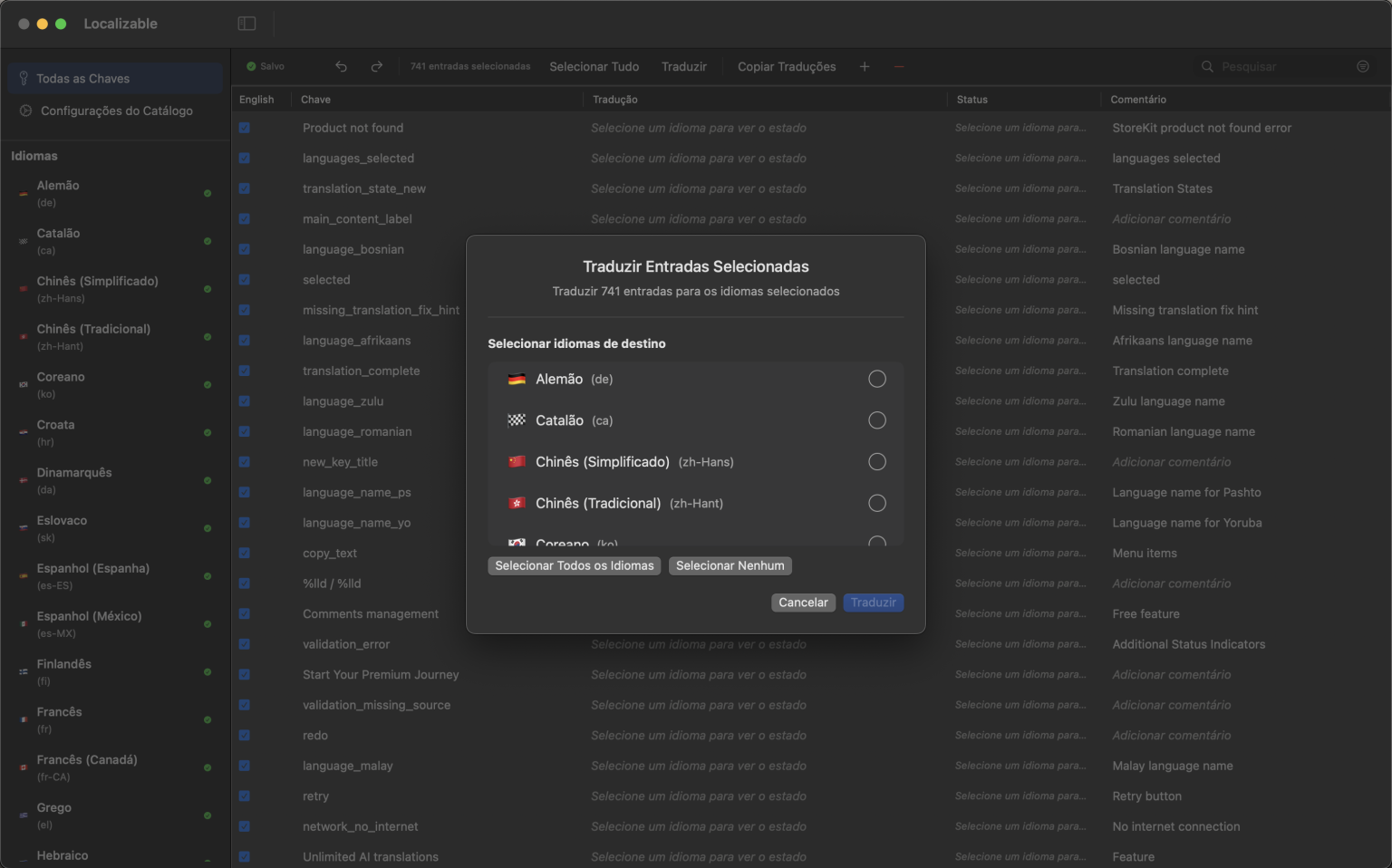 Interface de app macOS com IA para traduzir catálogos de strings do Xcode em múltiplos idiomas