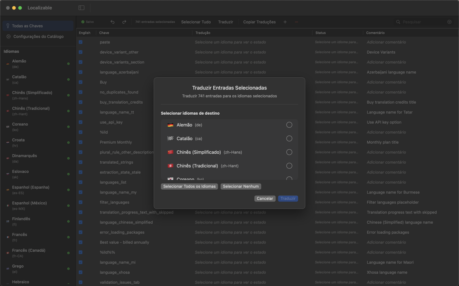 Interface de app macOS com inteligência artificial para traduzir Catálogos de Strings do Xcode para múltiplos idiomas