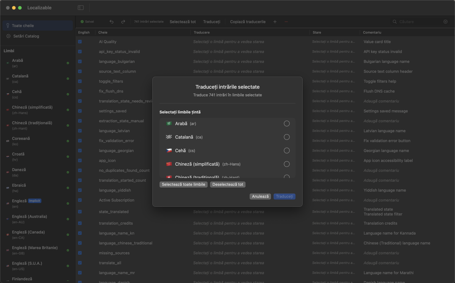 Interfață de aplicație macOS bazată pe AI pentru traducerea cataloagelor de șiruri Xcode în mai multe limbi