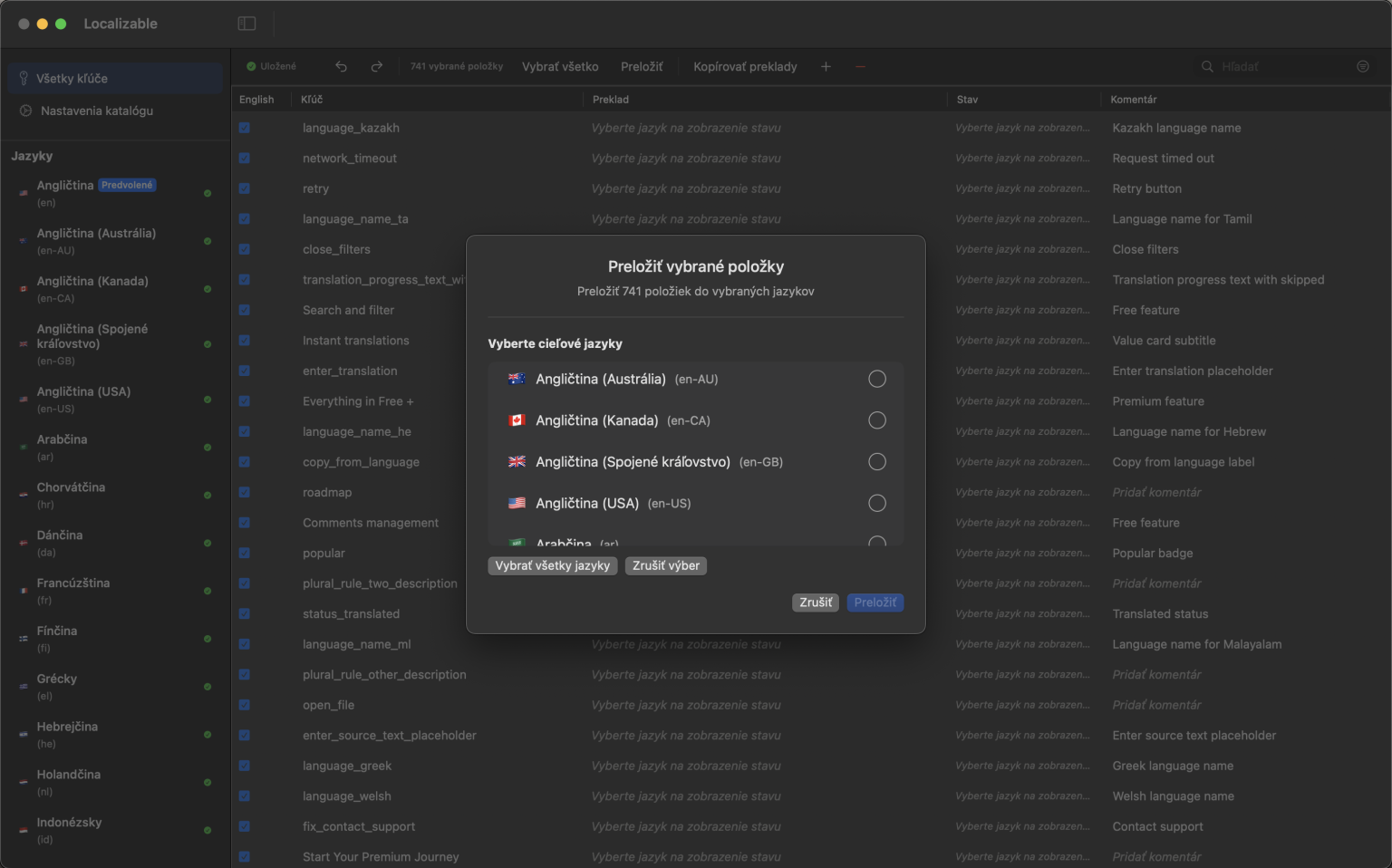 Rozhranie aplikácie pre macOS poháňané AI na prekladanie katalógov reťazcov Xcode do viacerých jazykov