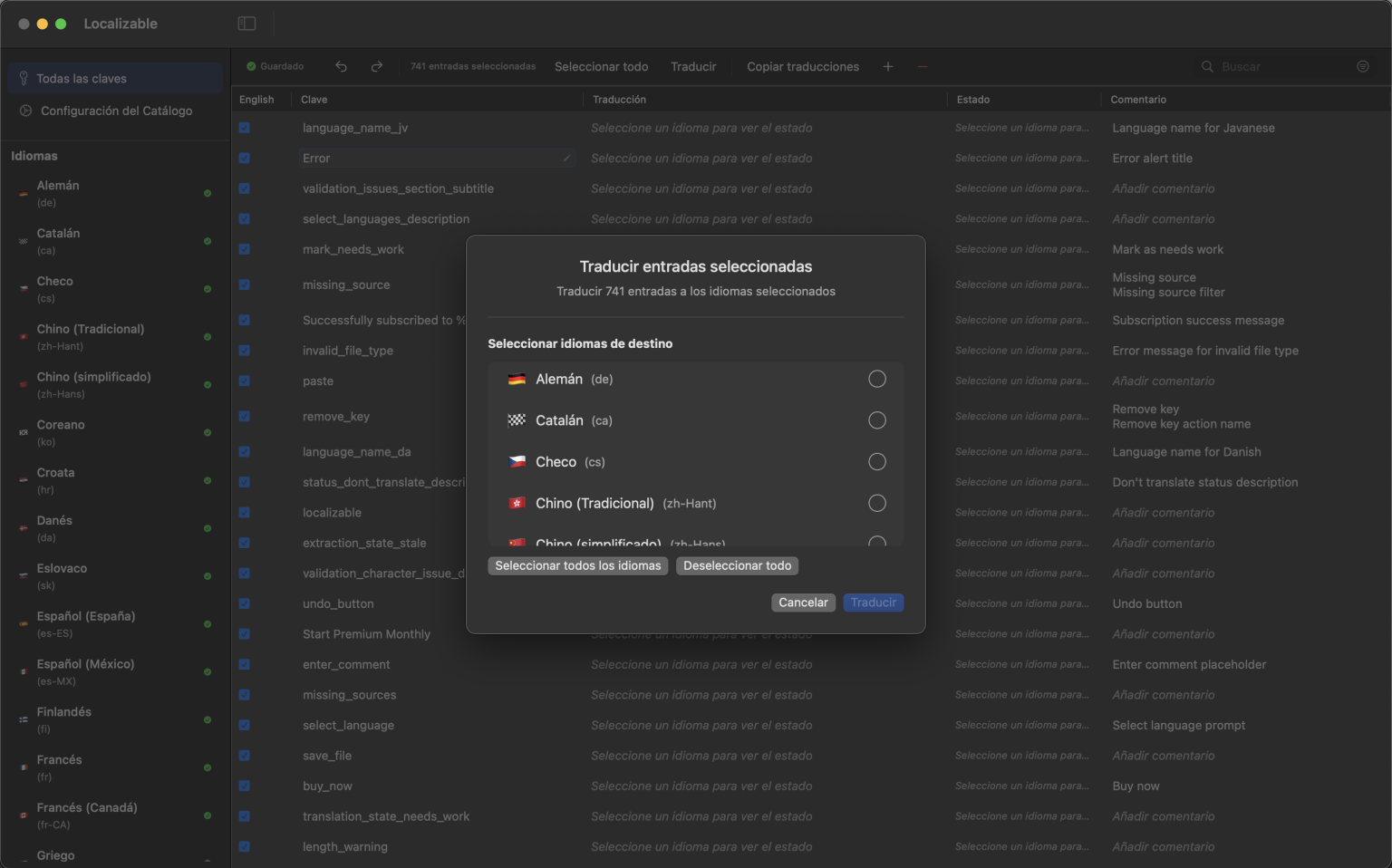 Interfaz de app macOS potenciada por IA para traducir catálogos de cadenas de Xcode a varios idiomas