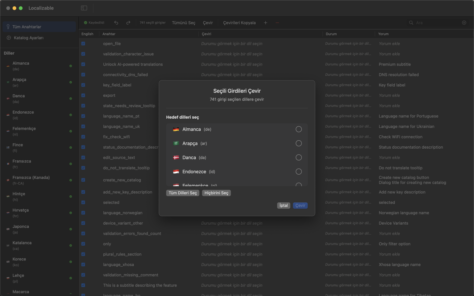 Xcode Dize Kataloglarını birden fazla dile çevirmek için yapay zekâ destekli macOS uygulama arayüzü