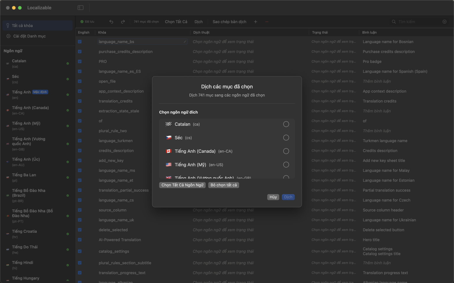 Giao diện ứng dụng macOS sử dụng AI để dịch Catalog Chuỗi Xcode sang nhiều ngôn ngữ