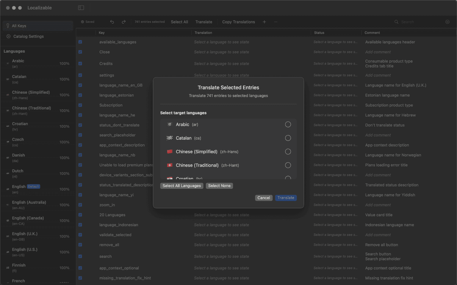 AI-powered macOS app interface for translating Xcode String Catalogs into multiple languages